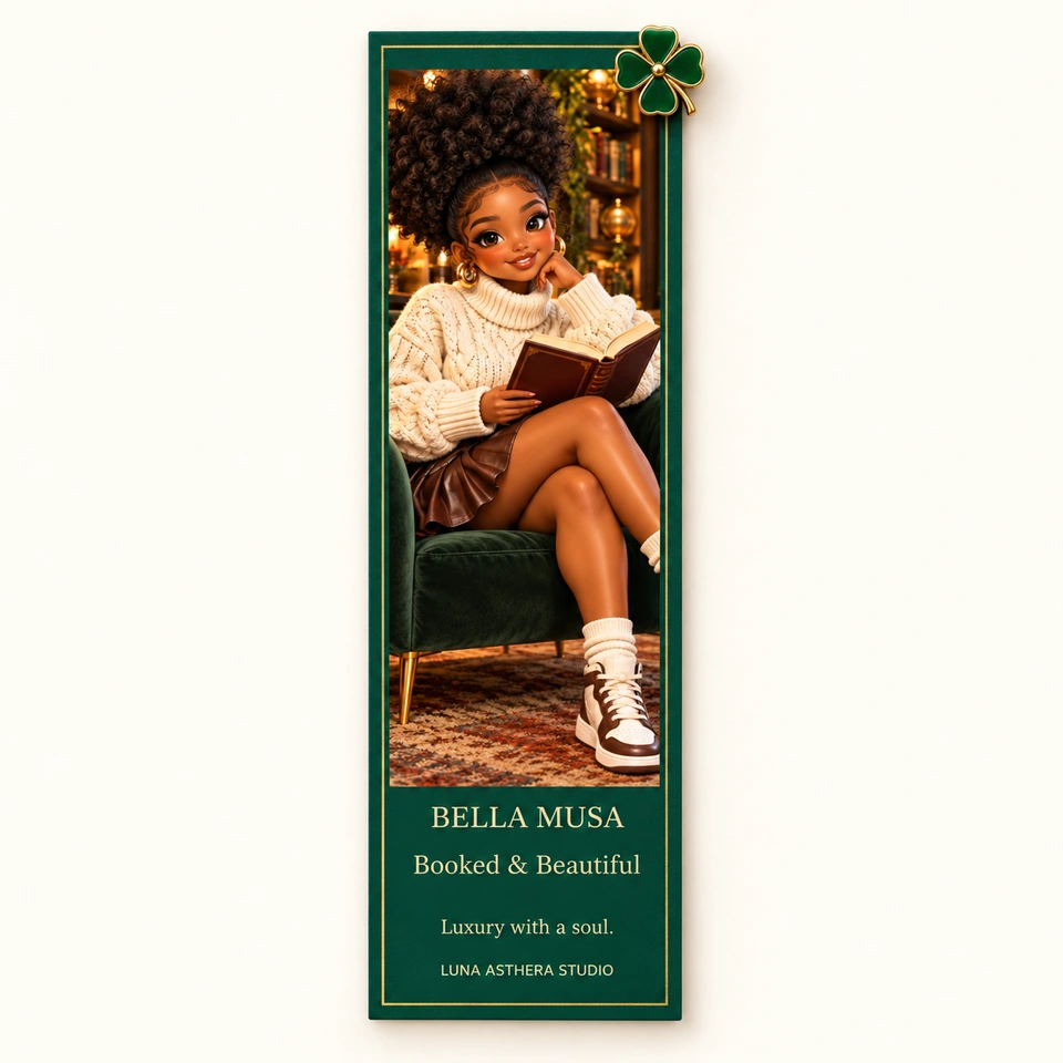 Booked & Beautiful emerald-and-gold bookmark mockup featuring an illustrated woman in a cream sweater reading in a green armchair and a clover pin; stone detail is illustrative