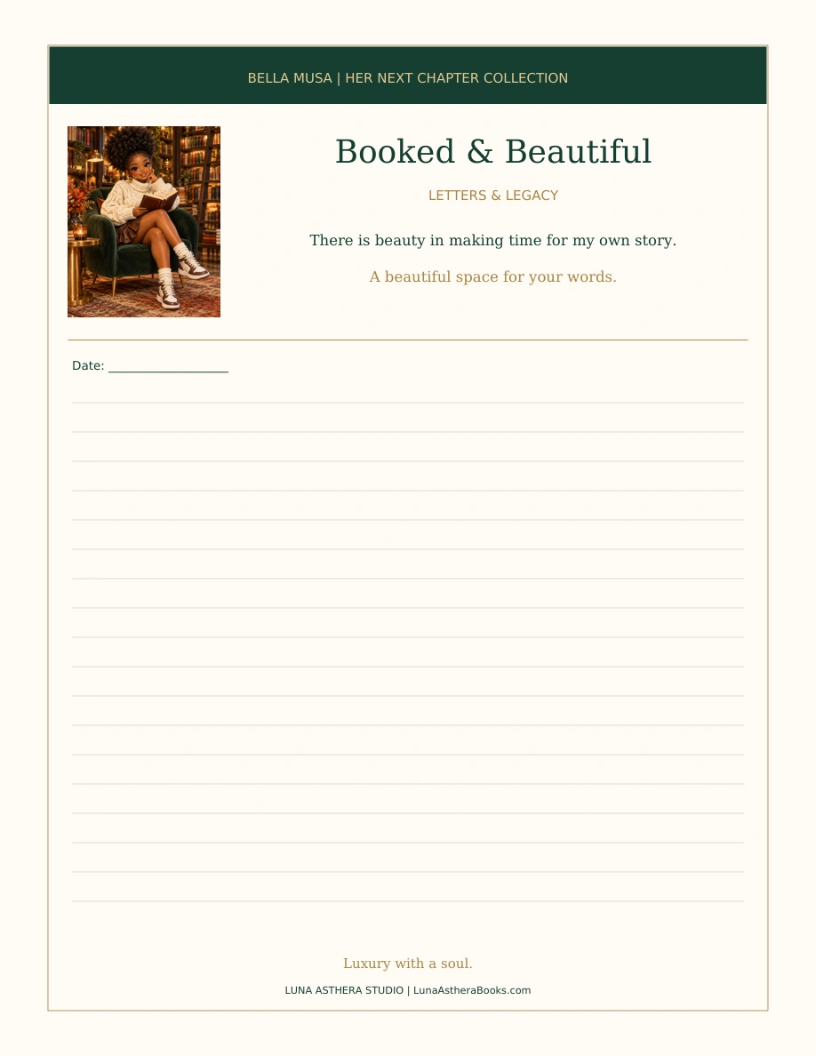 Booked & Beautiful lined Letter-size writing-sheet preview, with an illustrated woman reading in a green armchair, an affirmation and the collection title