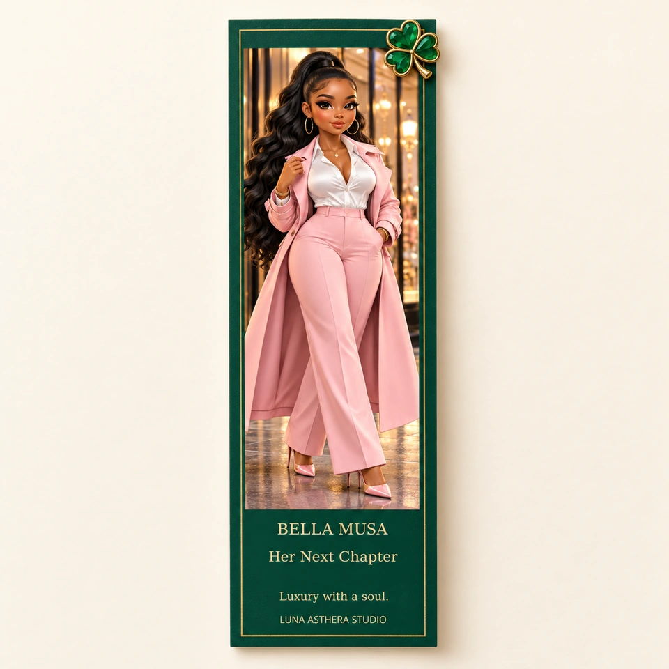 Her Next Chapter emerald-and-gold bookmark mockup featuring an illustrated woman in a pink suit and a four-leaf clover pin; stone detail is illustrative