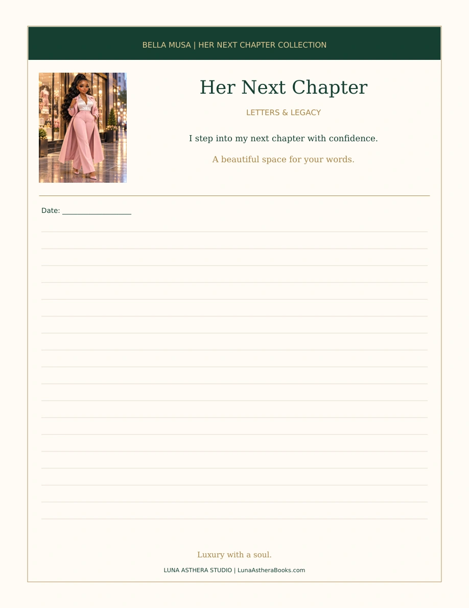 Her Next Chapter lined Letter-size writing-sheet preview, with an illustrated woman in a pink suit, an affirmation and the collection title