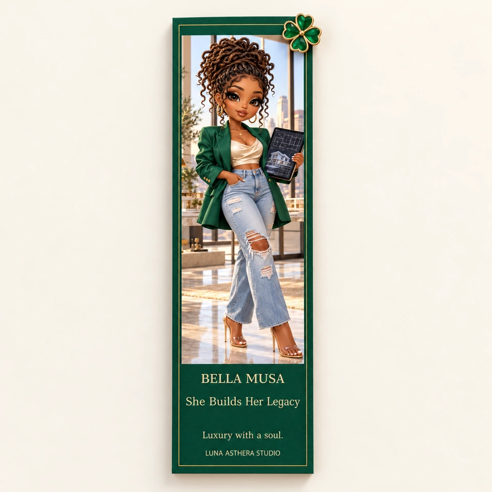 She Builds Her Legacy emerald-and-gold bookmark mockup featuring an illustrated woman in a green blazer holding architectural plans and a four-leaf clover pin; stone detail is illustrative