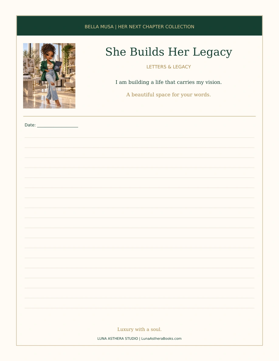 She Builds Her Legacy lined Letter-size writing-sheet preview, with an illustrated woman in an emerald blazer holding architectural plans, an affirmation and the collection title