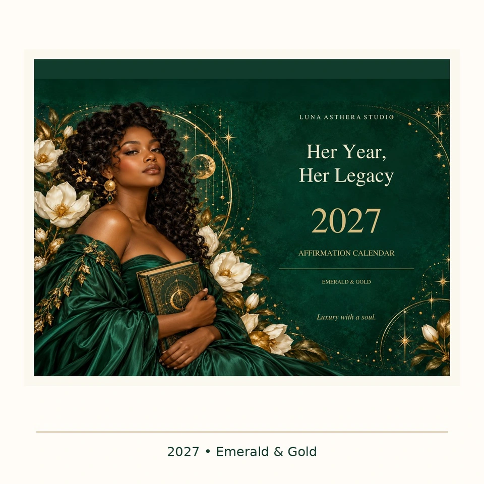 Approved Emerald & Gold edition artwork for Her Year, Her Legacy 2027 affirmation calendar