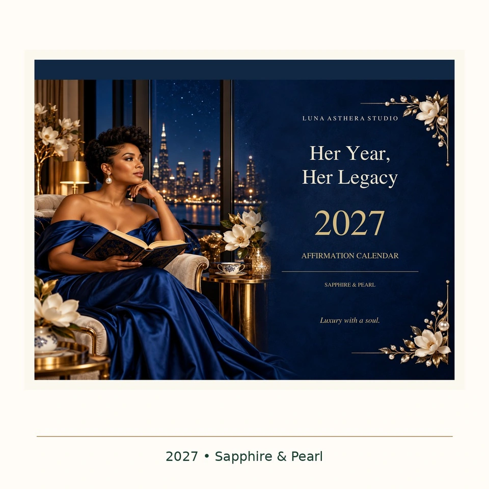 Approved Sapphire & Pearl edition artwork for Her Year, Her Legacy 2027 affirmation calendar