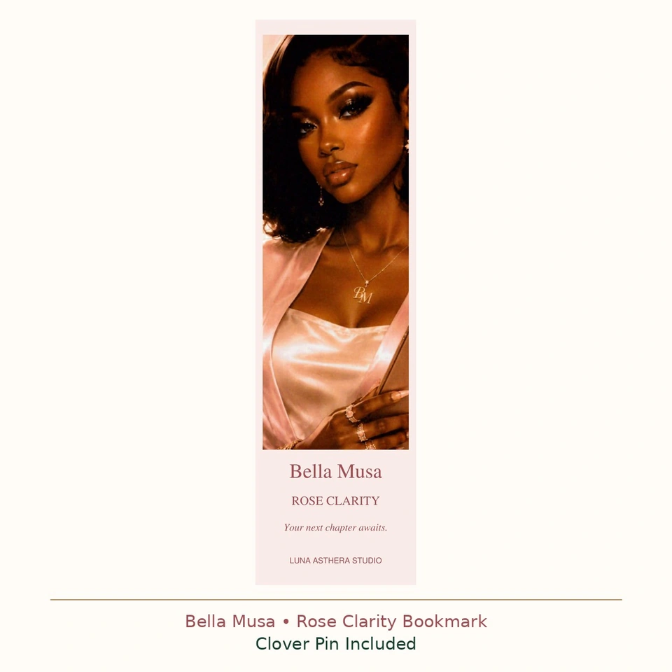 Approved portrait artwork for the Bella Musa Rose Clarity premium 2 × 7-inch bookmark; the label identifies the green four-leaf clover pin, which is not pictured