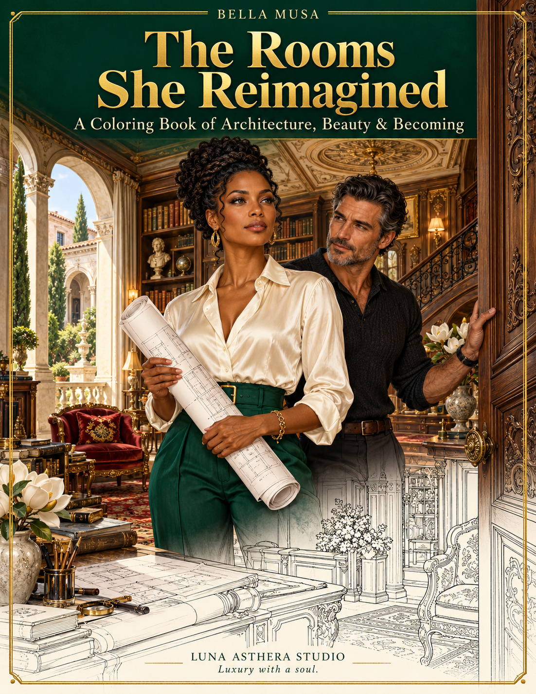The Rooms She Reimagined coloring book cover showing a woman holding architectural plans beside a man in an ornate interior that transitions into architectural line art, with emerald and gold title lettering